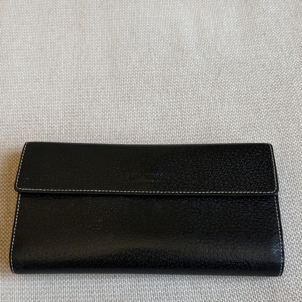 kate spade Black Pebbled Leather Continental Wallet with Contrast Stitching